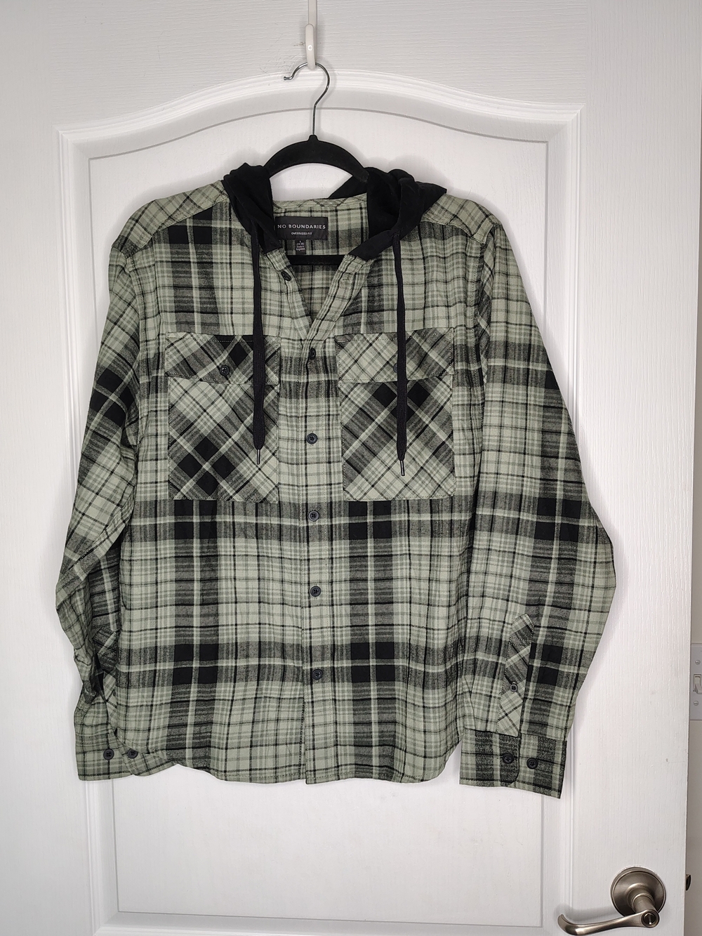 No Boundaries Men's Sage Green and Black Plaid Hooded Button-Down Shirt